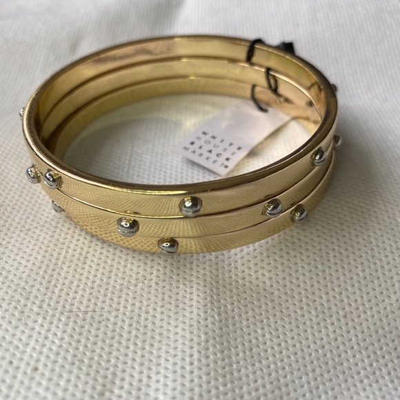 White House Black Market Stack of 3 Golden Bangles with Crystal Accents - Picture 5 of 10
